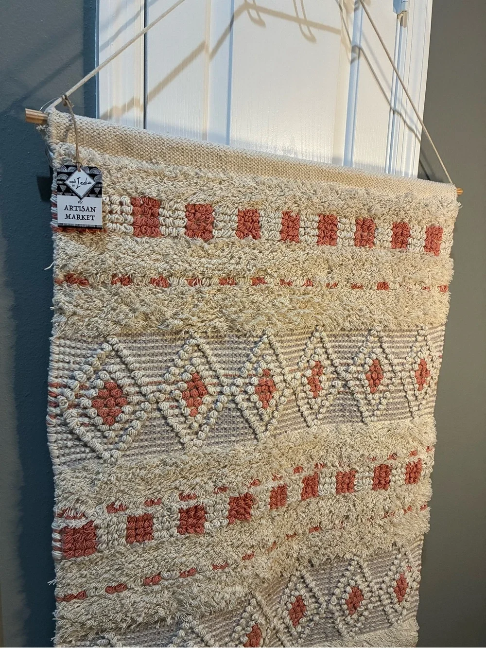Handmade Cream Grey & Terracotta 31x55 inches, Boho Geometric Woven Tapestry